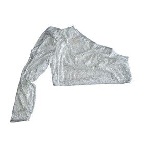 Prettylittlething Shirt 18 Women's Silver Sequin One Long Sleeve Crop Top Club